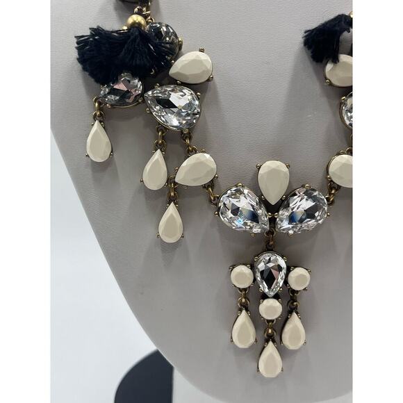 J. Crew Crystal Clear Milky White Gems Black Fringe Adjustable Tie Necklace - Picture 5 of 14